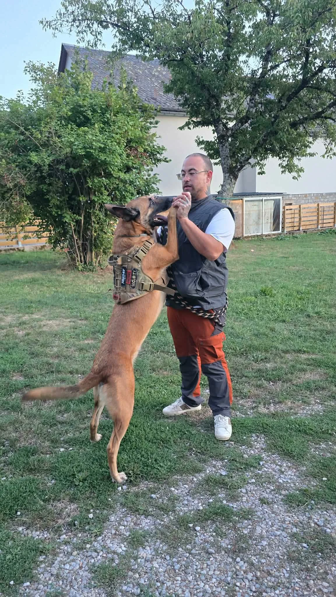 Roger Maria, éducateur et comportementaliste canin, avec son chien Swag sur le terrain en Occitanie
