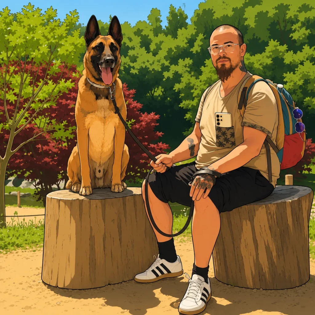Dessin educateur canin avec son beau chien berger belge malinois