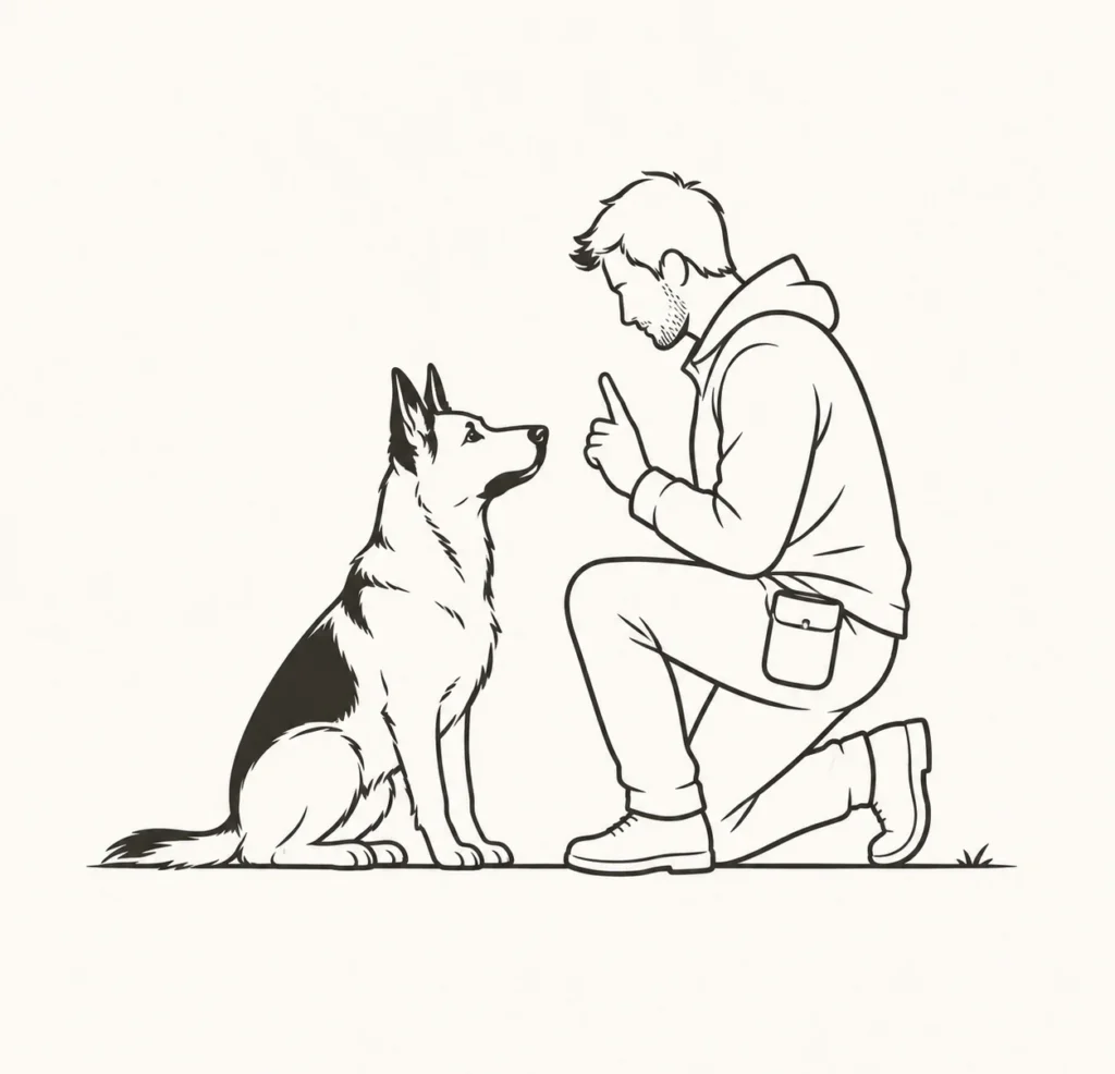 dessin d'un éducateur et son chien, l'éducateur canin fait un signe a son berger allemand, qui est l'écoute