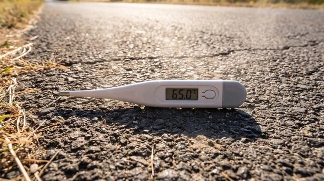 Thermomètre affichant 65°C sur le bitume en été, danger pour les coussinets du chien